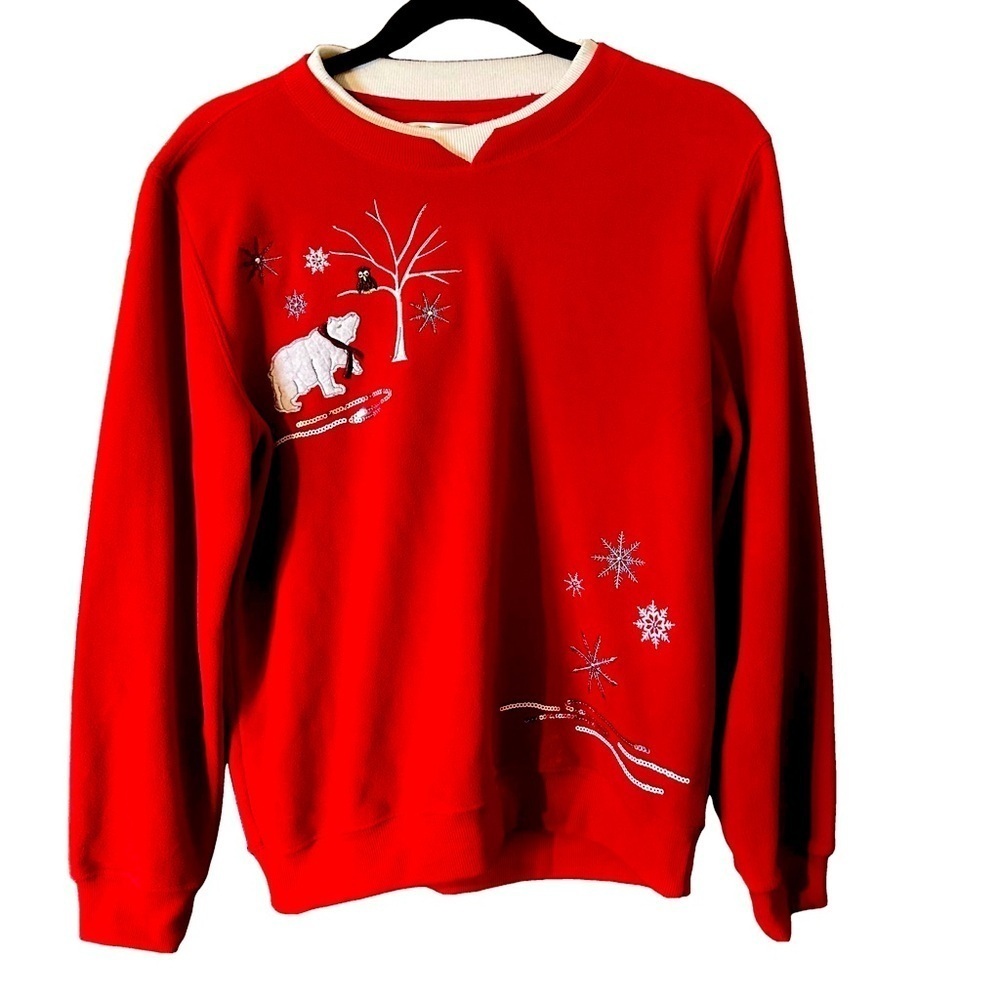 Tradition Womens Red Polar Bear Snowflakes Embroidered Christmas Sweatshirt Sz M